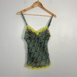 Vintage Express Design Studios Y2K 100% silk green lace floral tank size small